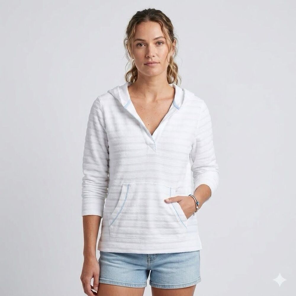 Southern Tide Paiton Terry Cloth Hoodie Sweater White Striped V-Neck Women's L